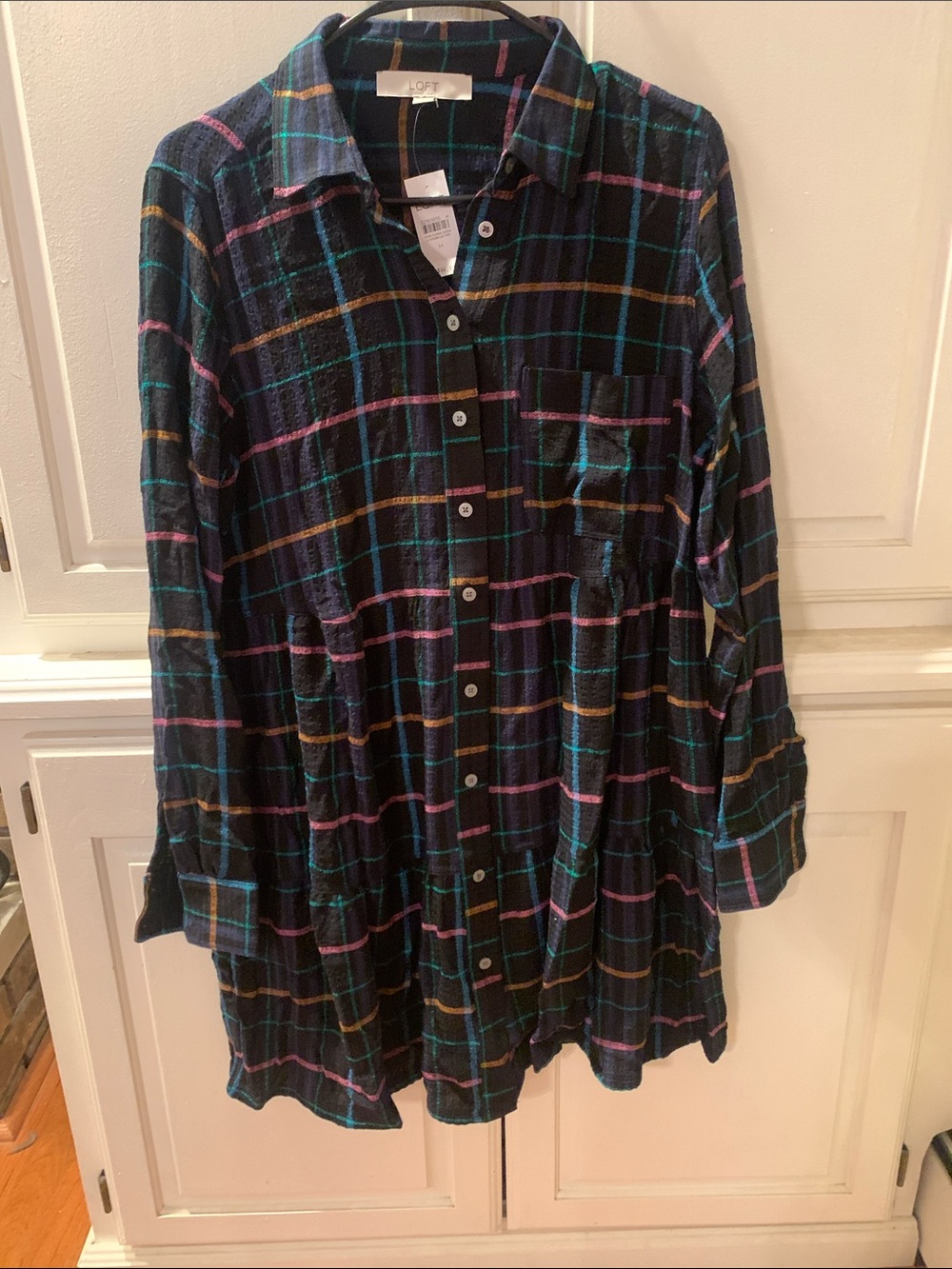 LOFT Black Plaid Button-Front Dress with Teal Pink and Gold Stripes